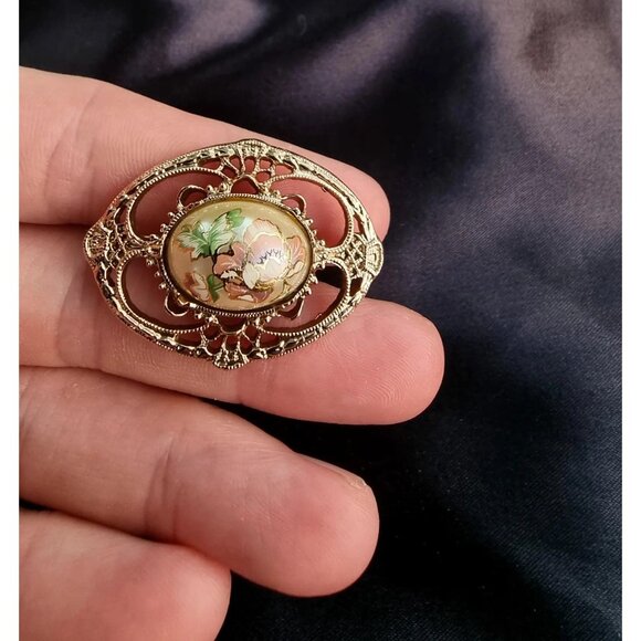 Vintage 1928 Floral Enamel Brooch Set Gold-Tone Filigree - Picture 4 of 6